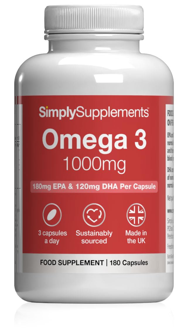 Pure Omega 3 1000mg Capsules | Supports Heart, Brain & Eye Health | Rich in Omega 3 Fatty Acids | 540mg of EPA and 360mg of DHA per Serving | 180 Capsules = 2 Months’ Supply | Made in The UK Unflavoured 1 count (pack of 180)