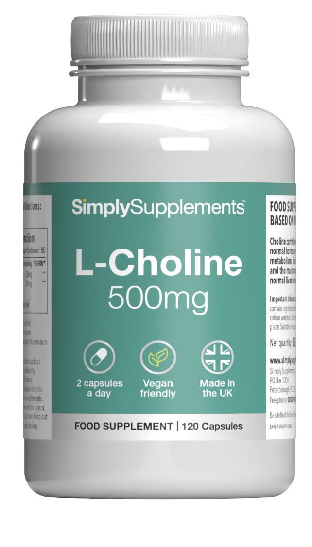 L-Choline Capsules | High-Strength 500mg Active Choline | Suitable for Vegans & Vegetarians | 120 Capsules = 2 Months' Supply | Manufactured in The UK in Accordance with GMP Standards New Label Design