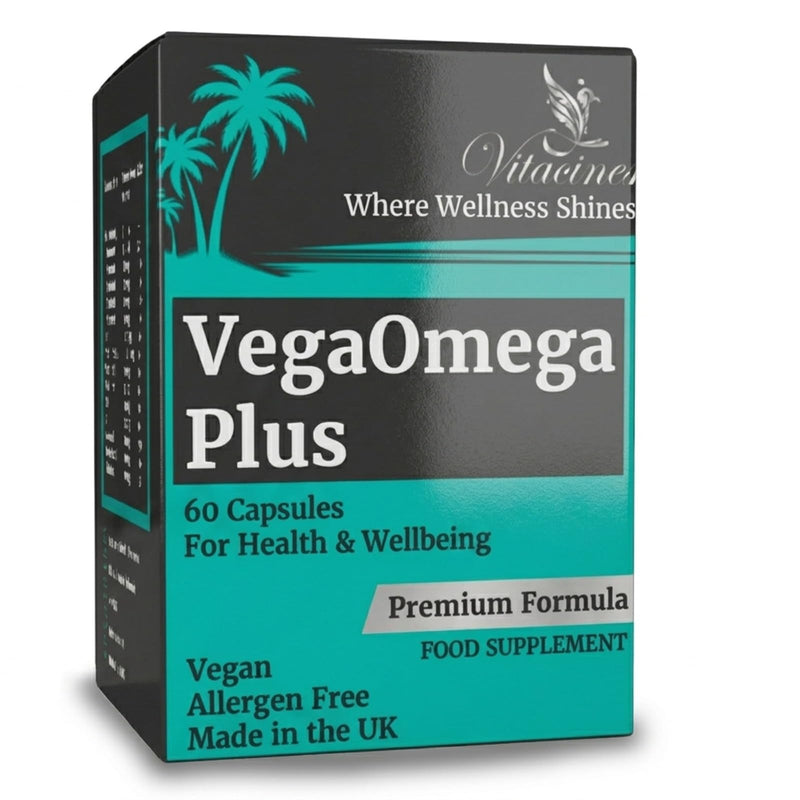 VegaOmega Plus | Vegan Omega 3 + 14 Essential Vitamins & Minerals | Plant-Based Algae DHA & EPA | 60 Capsules | No Fish Oil | Heart, Brain & Joint Support | Family Supplement Age 4+ | Made in UK