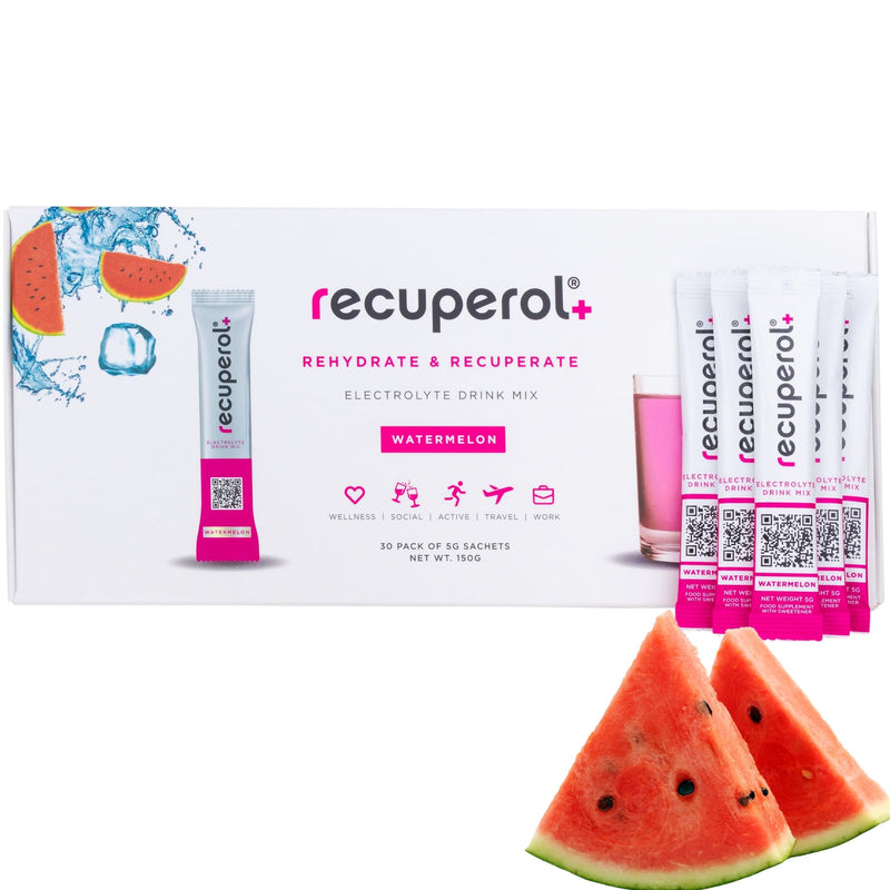 Recuperol Electrolytes Sachets - Rehydration Electrolytes Powder with Zinc, Vitamin C, B12, D3 & Potassium for Hydration - Sugar Free, Vegan & Low Calorie - Watermelon 60 Pack