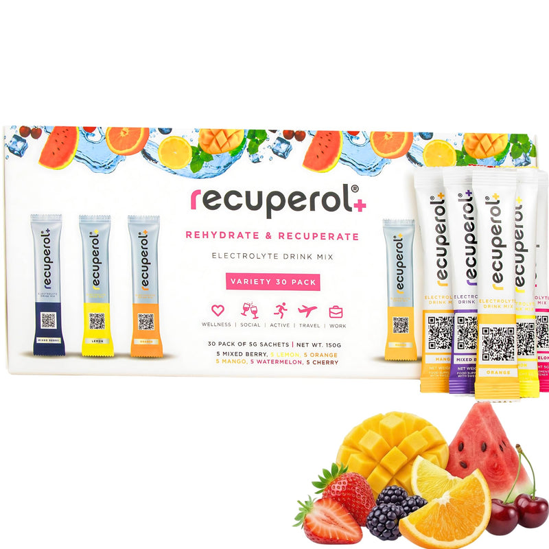 Recuperol Electrolytes Sachets - Rehydration Electrolytes Powder with Zinc, Vitamin C, B12, D3 & Potassium for Hydration - Sugar Free, Vegan & Low Calorie - Variety 30 Pack (6 Natural Flavours)