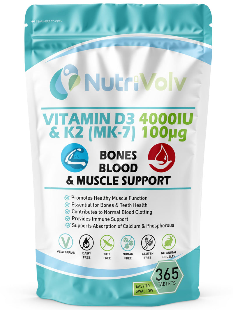 Vitamin D3 4000 iu & Vitamin K2 MK7 100μg | 1 Year Supply | 365 Easy-Swallow Vitamin D3 K2 Tablets | 1-A-Day High Strength Vegetarian D3 and K2 Vitamin Supplements | Vitamin D Tablets | UK Made