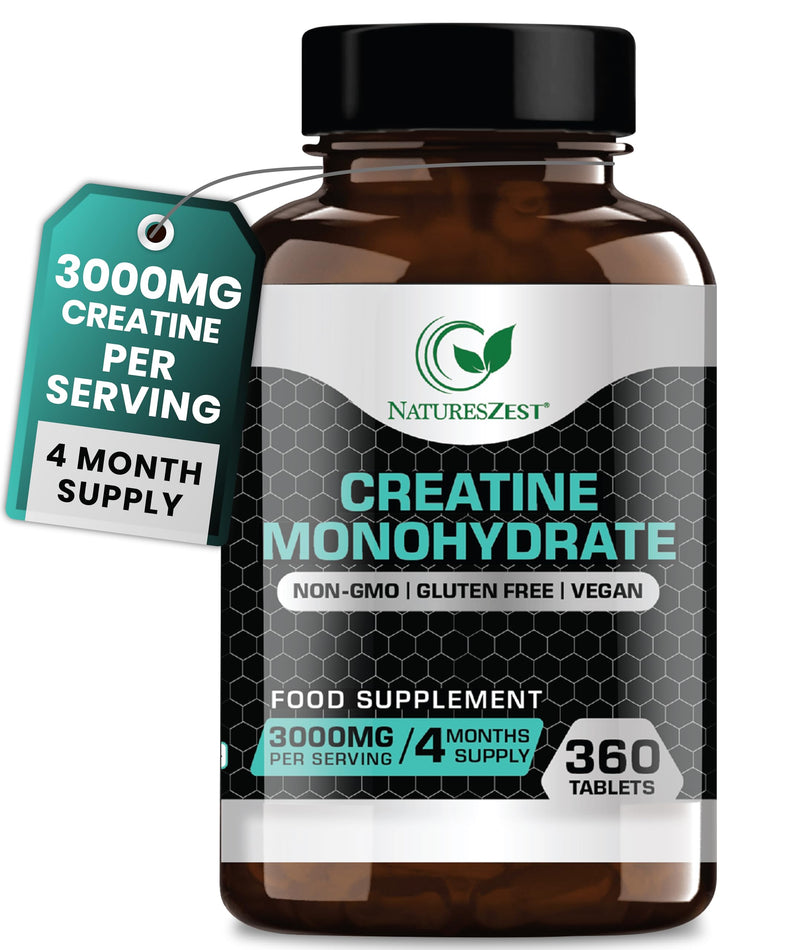 Nature's Zest Creatine Monohydrate Tablets 3000mg – 360 Tabs, Gym Energy Supplement for Men & Women, Non-GMO, Gluten Free, Vegan Tablets - Keto Unflavoured, for Performance & Muscle Power