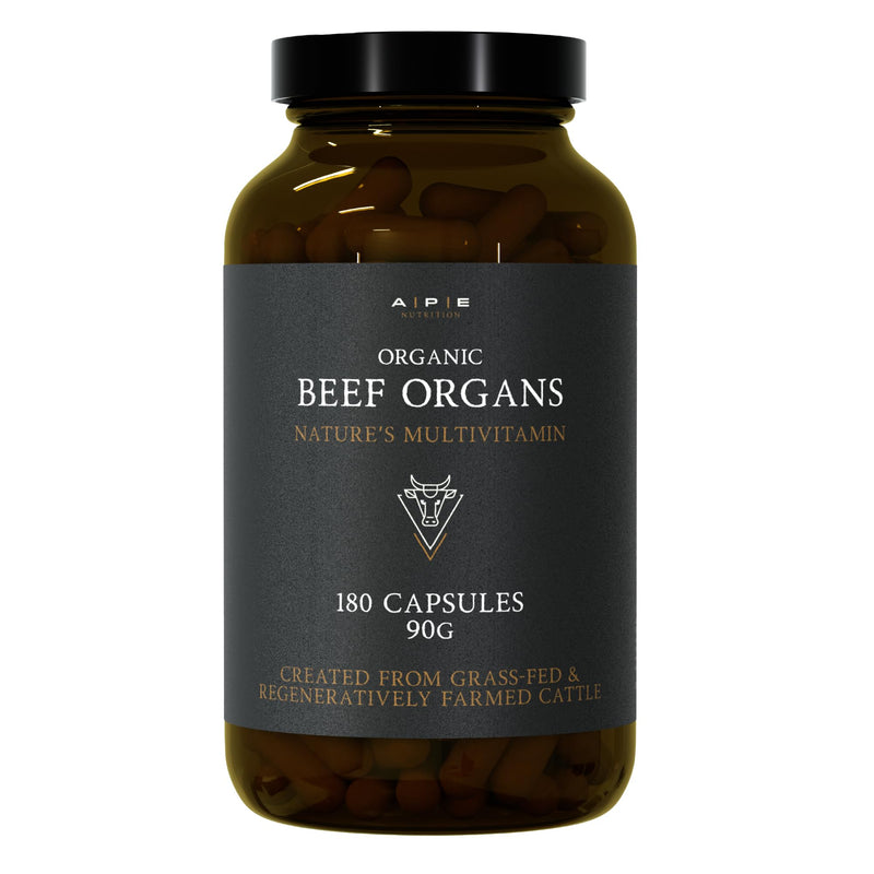 APE Nutrition Organic Beef Organs | 180 Capsules | 100% Grass Fed Liver Kidney Heart Organ Premium Ancestral Supplement | No Antibiotics Hormones or GMOs Regular
