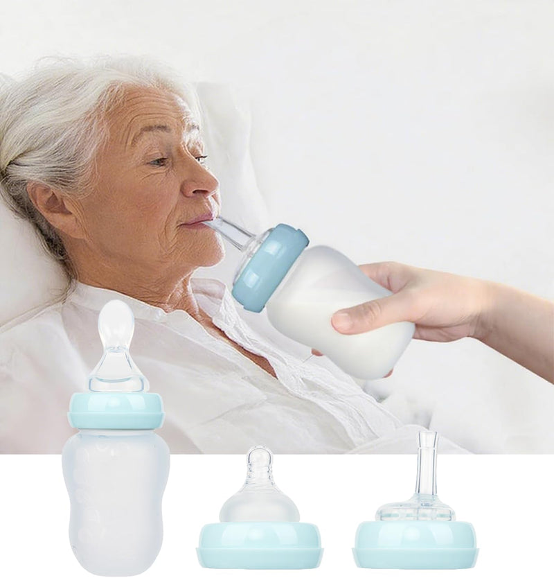 Squeeze Feeding Kit with Straw Spoon 180ml Flow Control Cup for Thick Liquids Adjustable Flow Silicone Bottle Medical Feeding Cup for Elderly, Disabled Adults Home Caregivers