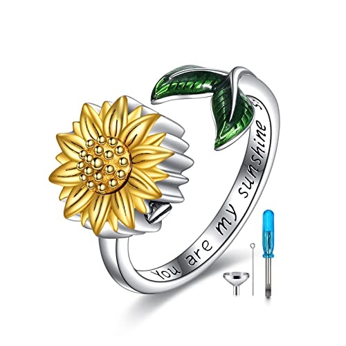ONEFINITY Sterling Silver Sunflower Urn Cremation Ring for Ashes - Adjustable Keepsake Ring for Women