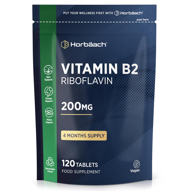 Vitamin B2 Riboflavin 200mg | 120 Vegan Tablets (4 Months Supply) | High Strength Supplement | No Artificial Preservatives | by Horbaach