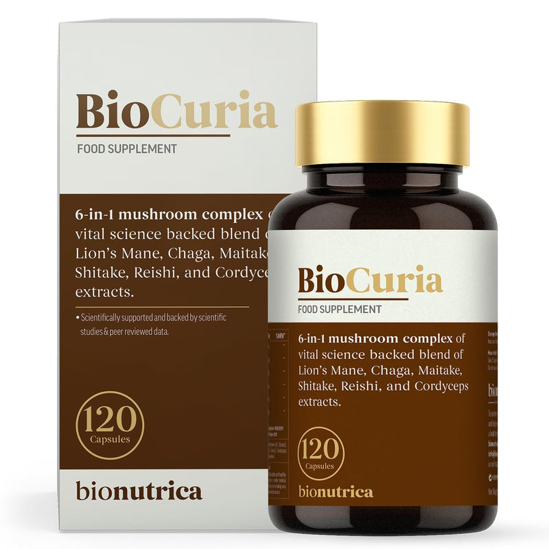 BioCuria - Premium Mushroom Complex 6 Powerful Extracts: Lion's Mane, Reishi, Chaga, Cordyceps | Supports Brain Health, Immunity & Energy | Vegan & Clean Formula (Pack of 1 (120 Capsules)) 120 count (Pack of 1)
