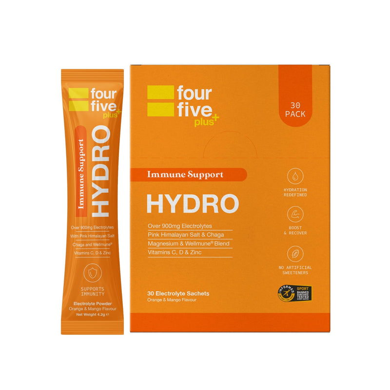 fourfive Hydration Sachets (Immune Support) - Hydro Electrolytes Powder with Vitamins, Wellmune® & Chaga Mushroom, Immunity for Defence - Orange & Mango, 30 Sachets 1 count (Pack of 30)