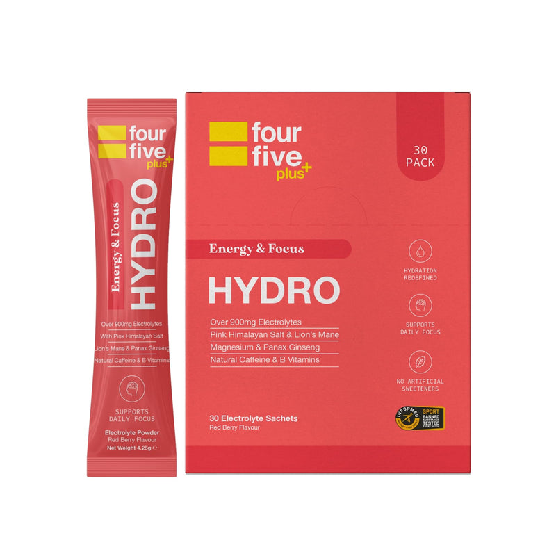 fourfive Hydration Sachets (Energy & Focus) - Hydro Electrolytes Powder with Natural Caffeine & Lion's Mane, Boost Daily Stamina - Red Berry, 30 Sachets 1 count (Pack of 30)