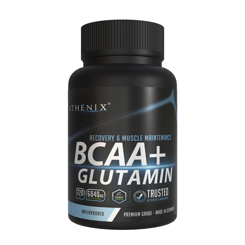 Athenix® Premium BCAA + Glutamine Capsules – 2:1:1 BCAA Ratio, 3420 mg BCAAs + 3420 mg Glutamine | Muscle Recovery, Endurance & Lean Muscle Maintenance, Premium Grade Made in Germany, Vegan, 220 Caps