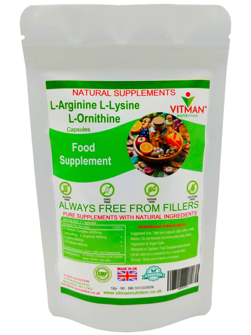 L-Arginine, L-Lysine, L-Ornithine, Tri-Amino Complex -1000mg Capsules - Synergistic Sports Bodybuilder Supplement, Gym & Muscle Mass Support (90) 90
