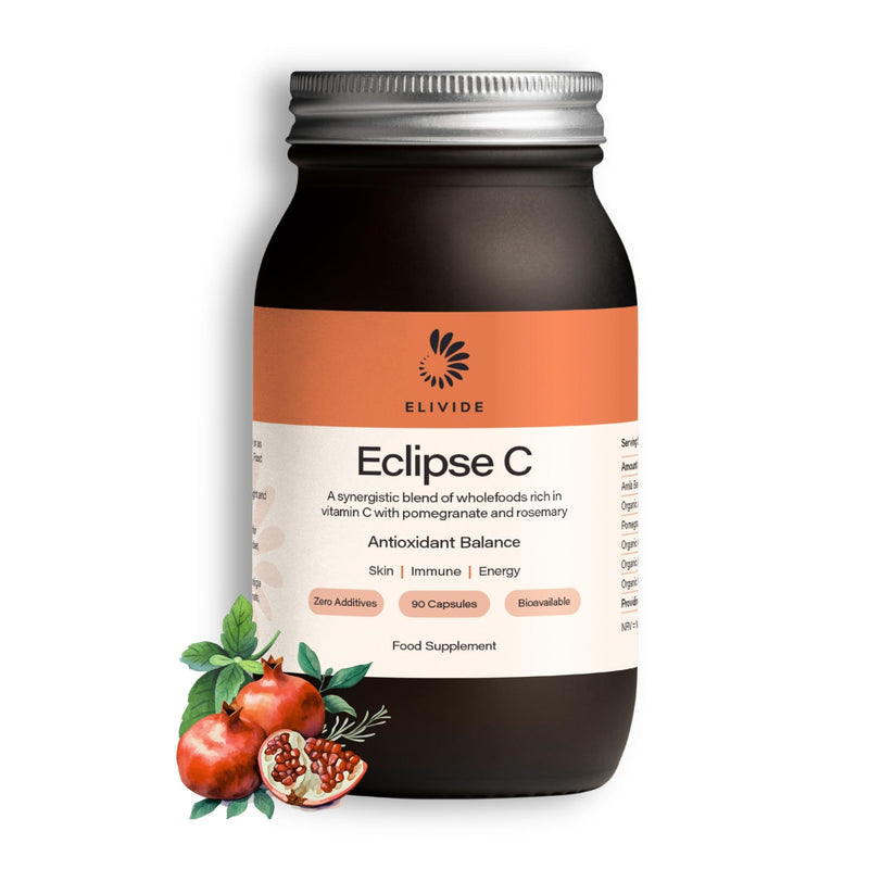 Eclipse Wholefood Vitamin C | with Wholefruit Pomegranate | 100% Additive Free | Natural & Rich in Bioflavanoids | 90 Capsules | UK Made | Immune & Skin Support | Glass Jar