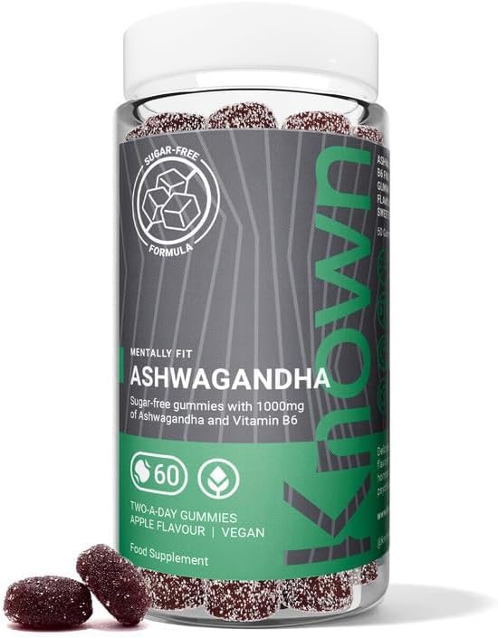 Known 1000mg Ashwagandha Sugar-Free Gummies – Apple Flavour – Chewable Vegan Gummy Supplement – Energy, Mood & Wellbeing Support – 1 Month Supply – Root Extract with Vitamin B6 – for Men & Women
