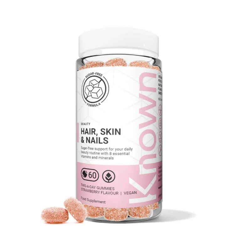 Known Tasty Sugar Free Hair, Skin & Nails Gummies – Multivitamin – Natural Strawberry Flavour – 60 Vegan Gummies, 1 Month Supply