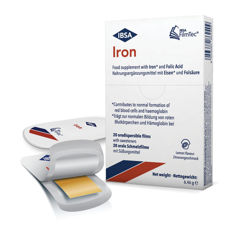 Iron IBSA | 20 Orodispersible Films | Food Supplement Based on Iron and Folic Acid, which contribute to The Normal Function of The Immune System and Help Reduce Tiredness.