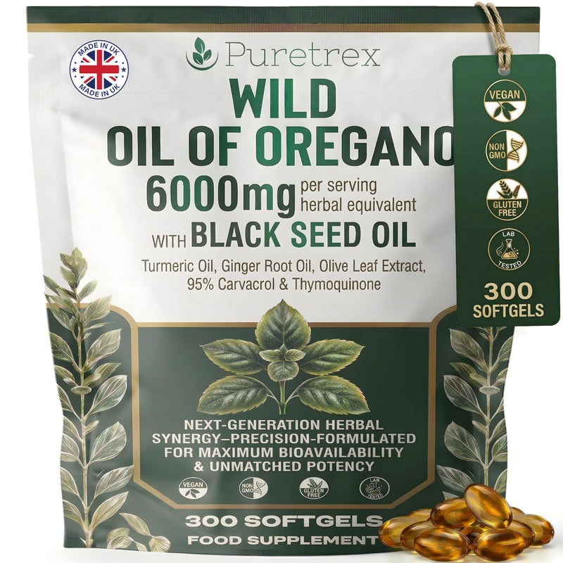 PURETREX Wild Oregano Oil 300 Softgels – Made in UK 6000mg with 95% Carvacrol, Black Seed Oil, Turmeric & Ginger, High Potency Herbal Formula for Immune, Gut & Respiratory Support 300 count (Pack of 1)