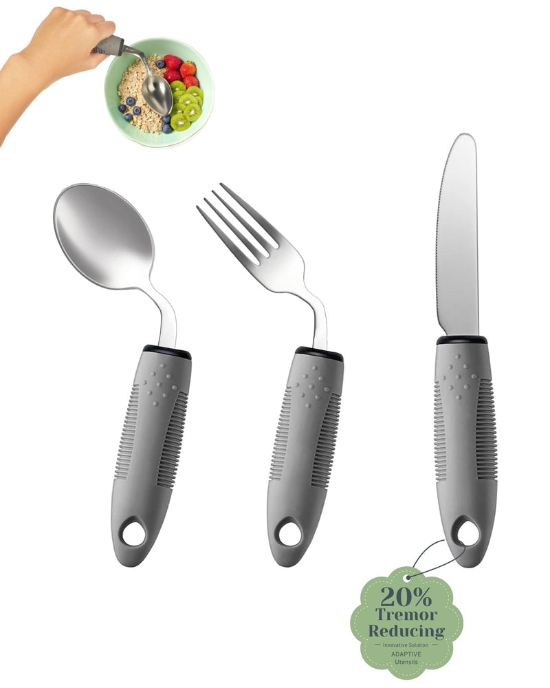 Adaptive Utensils Set (3-Piece) – 42° Angled, 3 oz Weighted Silverware for Parkinson's, Hand Tremors and Arthritis – Easy-Grip Ergonomic Eating Aids (Right-Handed) 3-Piece Cutlery Set Grey Right-handed
