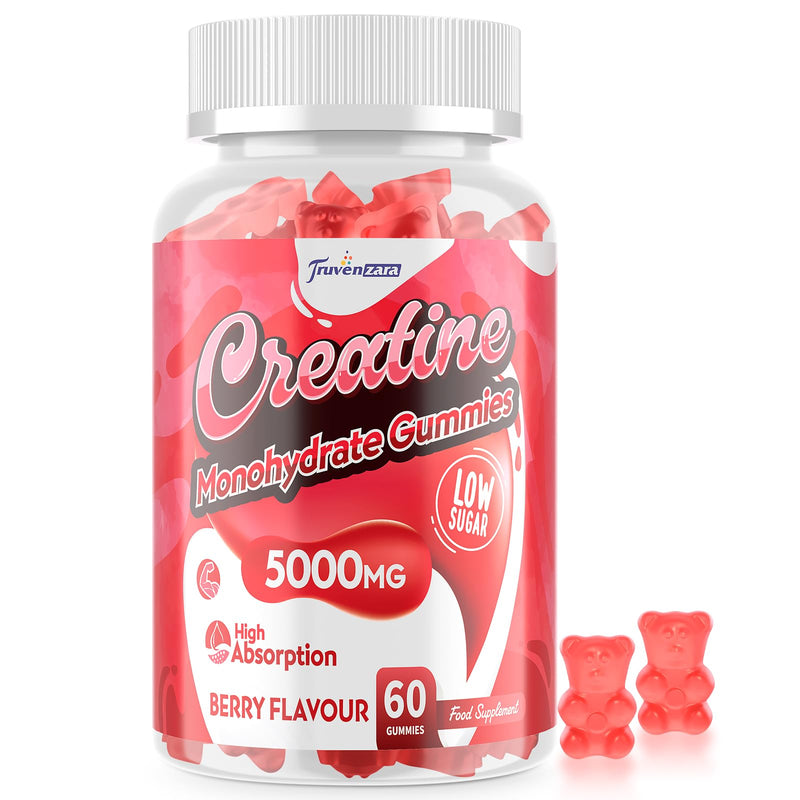 Creatine Gummies 5000mg, 5-in-1 Vegan Supplement with Taurine, B6 & B12, for Energy, Endurance & Muscle Builder, Low Sugar, High Absorption, Natural Berry, 60 Count 60 count (Pack of 1)