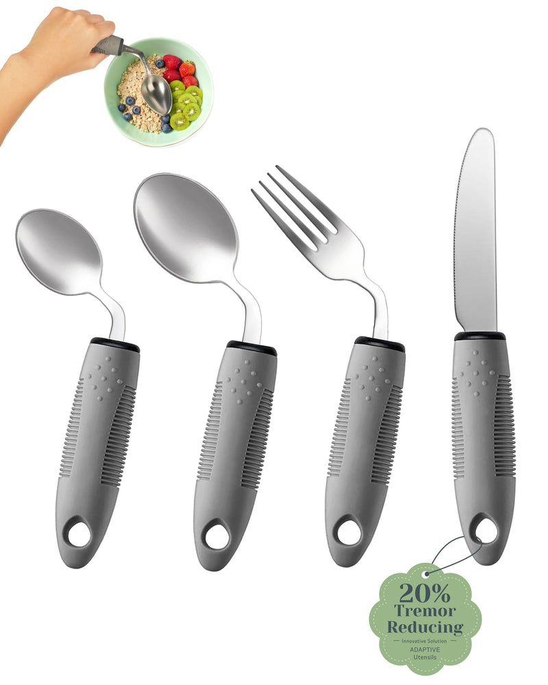 Adaptive Utensils Set (4-Piece) – 42° Angled, 3 oz Weighted Silverware for Parkinson's, Hand Tremors and Arthritis – Easy-Grip Ergonomic Eating Aids (Right-Handed) Right-handed Light (Weighted) – 70g
