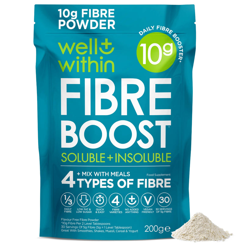 10g Fibre Supplement Powder, 1/3 NHS Daily Intake, 4in1 Insoluble & Soluble Fibre Powder, 4 Types of Fiber (200g Bag, 2 Servings = 10g Fiber) Well Within. for Men, Women & Kids Soluble + Insoluble Fibre