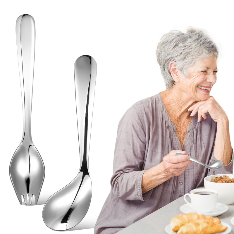 Adaptive Spoon Feed Utensils for Elderly Ergonomic Stainless Steel Angled Spoon and Fork Set for Self-Feeding Patients Comfortable Curved Tableware for Disabled and Bedridden Individuals, 5/6"