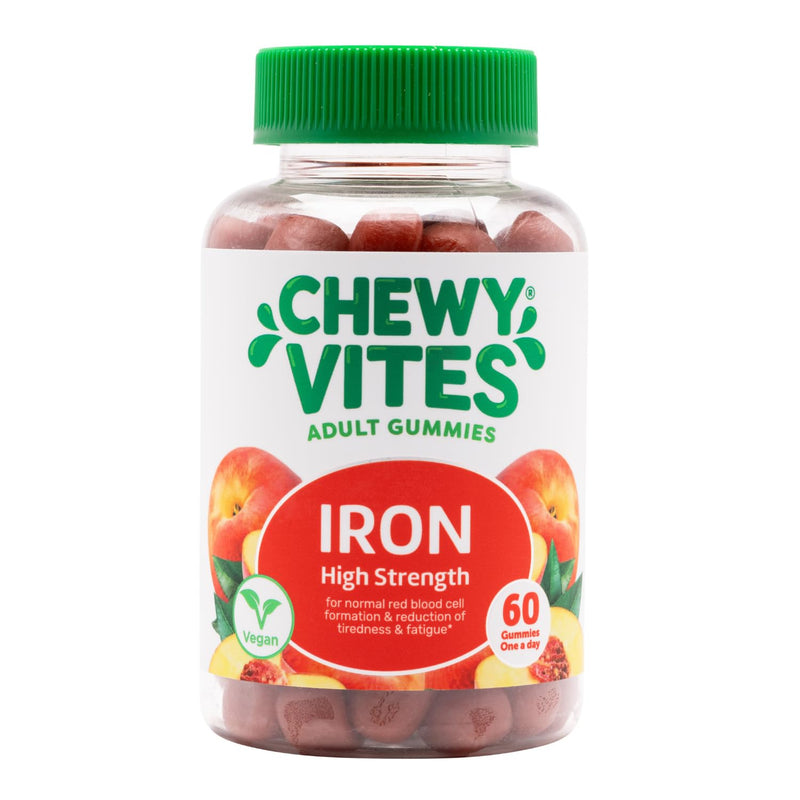 Chewy Vites Adult High Strength Iron, 60 Vitamin Gummies, 14mg Ferrous Fumerate Iron Gummies with Vitamin C, 2 Months Supply, Real Fruit Juice, Vegan, Peach Flavour
