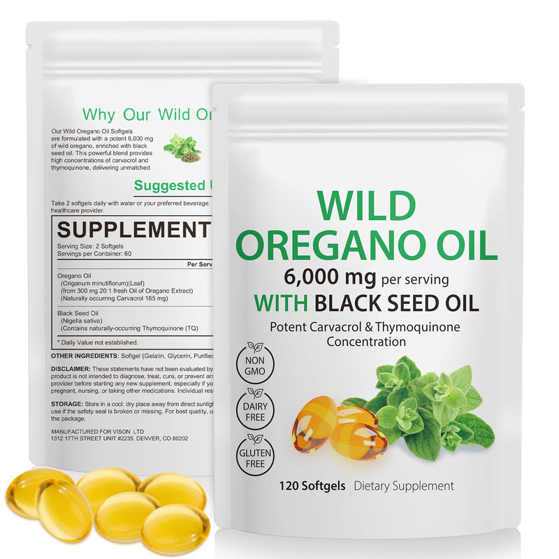 2 Pack Oregano Oil 6000mg with Black Seed Oil 200mg120 Softgel- Highest Concentration, 165mg Carvacrol, Non-GMO, Supports Immune & Digestive Health 240 count (Pack of 1)
