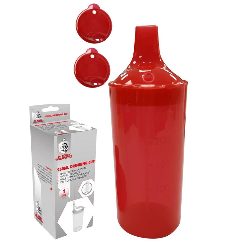 Plastic Feeding Cup with 2 Lids Adult Feeder Beaker with Large & Small Spouts, Straw Holes – Ideal for Liquids & Blended Foods – Easy to Hold, Spill-Resistant, Perfect for Home & Hospital Use (Red) Red