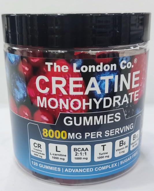 Creatine Monohydrate Gummies, 8000mg, 120 Count, Sugar Free, Advanced Complex with BCAA, L-Carnitine, Taurine