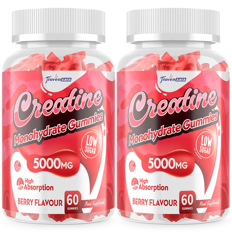Creatine Monohydrate Gummies 5000mg, 5-in-1 Vegan Supplement with Taurine, B6 & B12, for Energy, Endurance & Muscle Builder, Low Sugar, High Absorption, Natural Berry, 120 Count 60 count (Pack of 2)