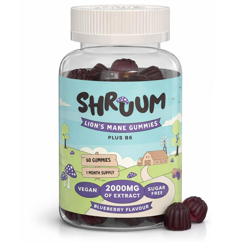 SHRUUM Lions Mane Gummies 2000mg - Mushroom Gummies for Focus & Clarity Without Caffeine - Sugar Free, Vegan, with Vitamin B6 - Blueberry - 60 Gummies (30 Day Supply)