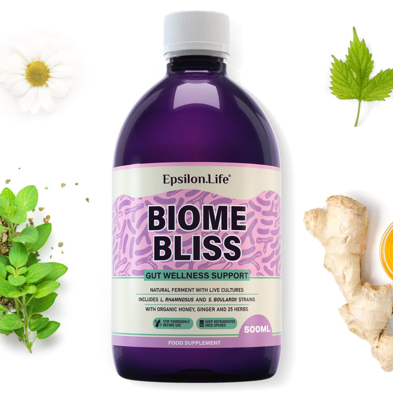Biome Bliss Complete Gut Repair Probiotic Drink with Saccharomyces Boulardii & Live Bacterial Cultures | Natural Probiotics for Gut Health | 100% Organic Ingredients | Apple Juice & Honey | 25 Herbs