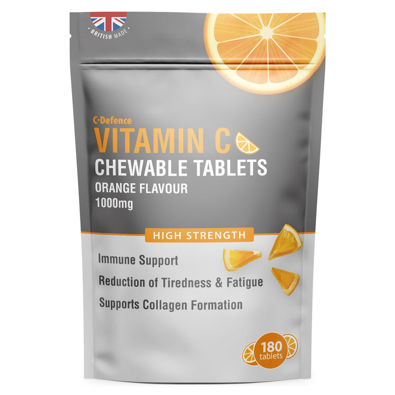 Vitamin C Chewable 180 Orange Tablets 1000mg, Supports Immune Health and Helps Fight Colds - Helps Reduce Tiredness and Fatigue 180 count (Pack of 1)