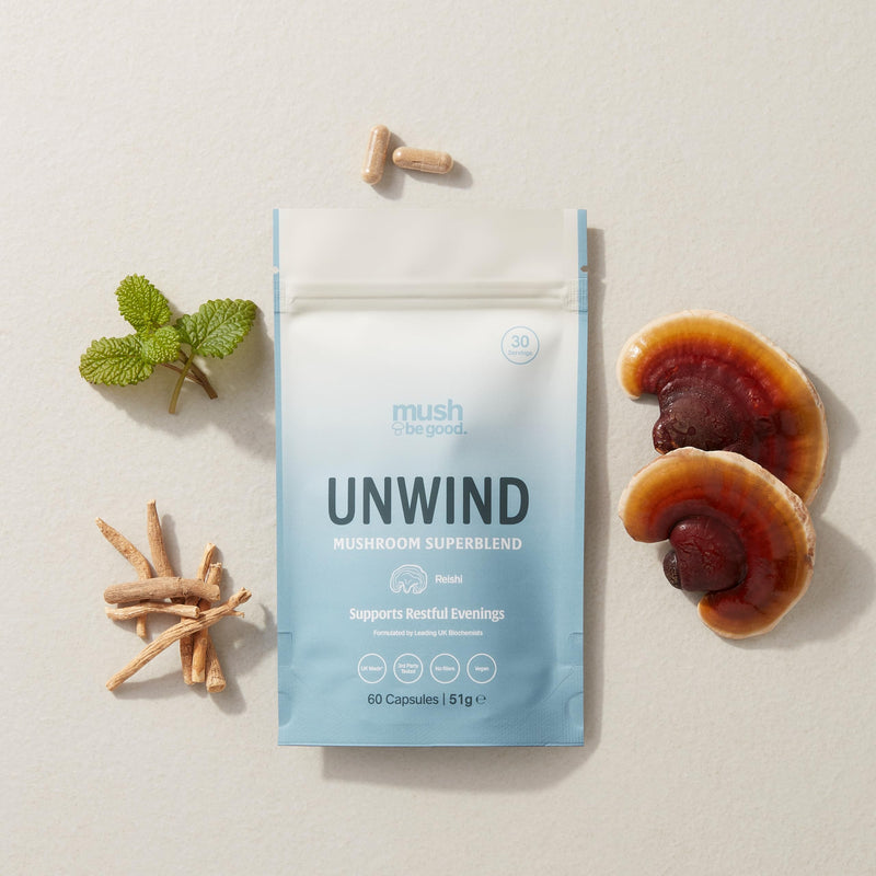 Sleep Supplement for Stress & Anxiety Relief – Natural Calming 60 Capsules with Reishi Mushroom 18:1 400mg, KSM-66 Ashwagandha 300mg, Magnesium & Lemon Balm | Unwind Superblend UK