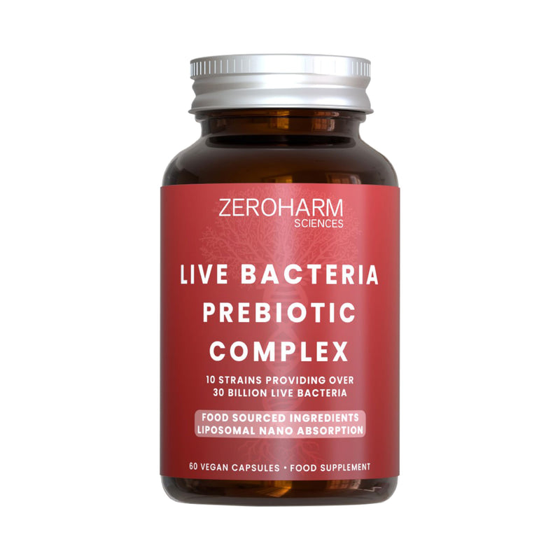ZeroHarm Prebiotic & Live Bacteria Complex – 30 Billion CFU with 10 Strains – Gut, Digestion & Microbiome Support – Liposomal Absorption – Powered by Real Food Ingredients – 60 Vegan Capsules