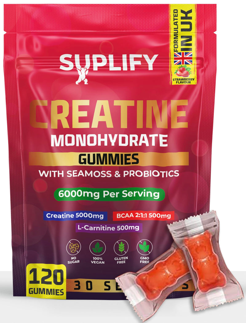 Creatine Monohydrate Gummies – 5000mg High-Potency | 120 Vegan Sugar-Free Gummies with BCAAs, L-Carnitine, Seamoss & Probiotics | 1 Month Supply | Pre-Workout Muscle Builder | Strawberry