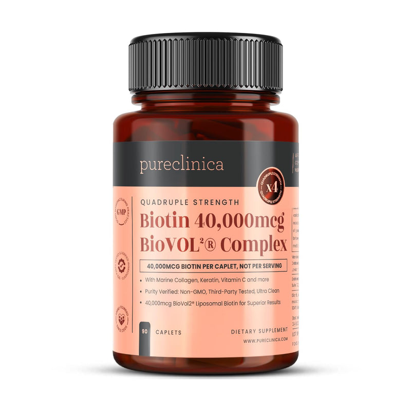 400% Strength Biotin 40,000mcg x 90 Caplets – BioVOL²® Liposomal Biotin Complex | with Marine Collagen, Keratin, Vitamin C & More | 3 Months Supply 90 count (Pack of 1)