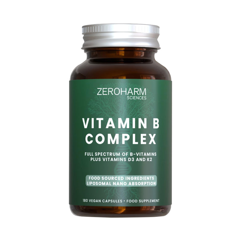 ZeroHarm Vitamin B Complex with D3 & K2 – Plant-Based B1–B12 from Guava & Spirulina – Energy, Nervous System & Heart Support – Powered by Real Food Ingredients – 180 Vegan Capsules