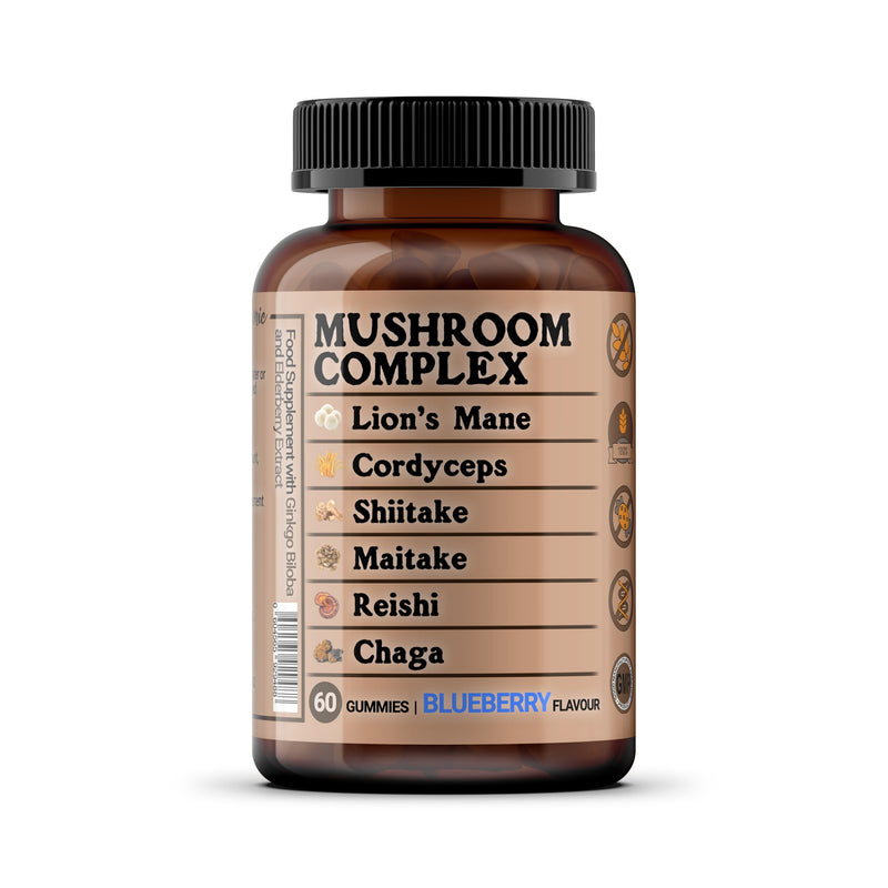 Mushroom Complex Gummies - 6 Mushroom Blend with Lion’s Mane, Reishi, Cordyceps, Shiitake, Maitake & Chaga + Ginkgo & Elderberry - Sugar Free Blueberry Flavour - 60 Gummies