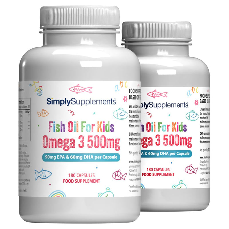 High Strength & Pure Omega 3 500mg for Kids | for Ages 4-15 Years | 360 Capsules in Total | Manufactured in The UK Unflavoured 180 count (Pack of 2)