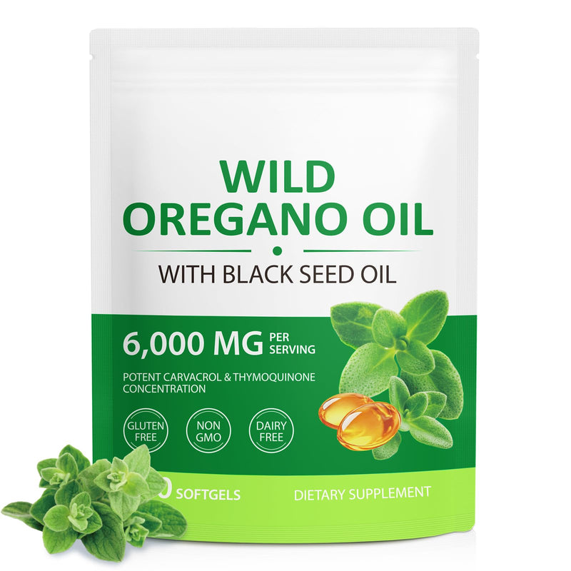 Oregano Oil 120 Softgels - 6000mg 2-in-1 Strength with 300mg Organic Cold-Pressed Oregano & 200mg Black Seed Oil | Non-GMO, Gluten Free Herbal Supplement | Respiratory & Immune Support Oregano Oil 120 count (Pack of 1)