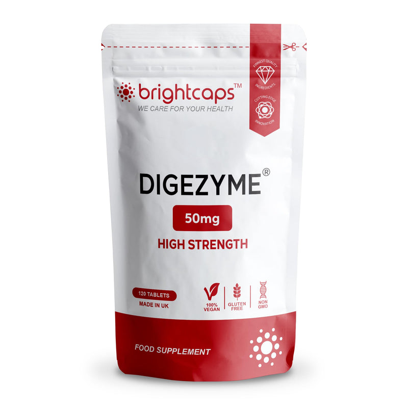 Digestive Enzymes 120 Tablets | Contains Digezyme, Amylase, Lactase, Lipase | Gut Health & Digestion Support | Vegan | UK Made | GMP Approved | by Brightcaps