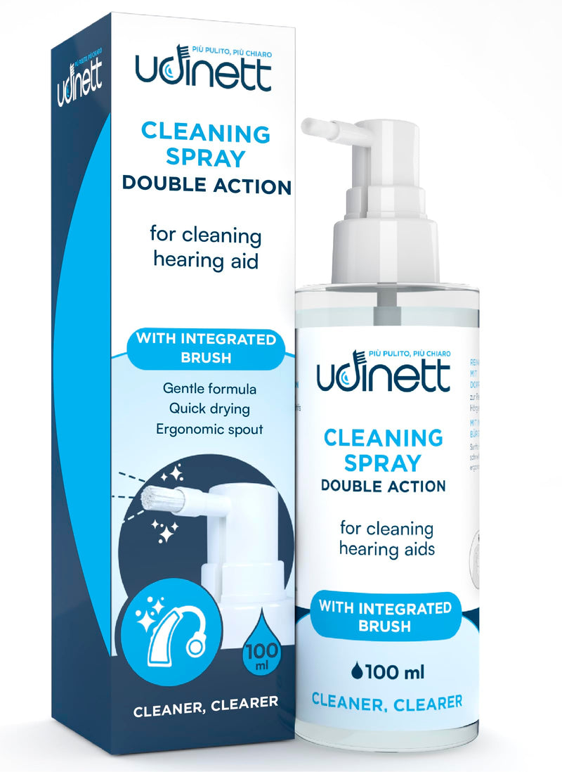 Hearing Aid Cleaning Spray with Integrated Brush 100ml Udinett for Cleaning Earmolds Replacement Domes Earplugs Delicate Formula Eliminates Earwax and Dirt with Immediate Effect