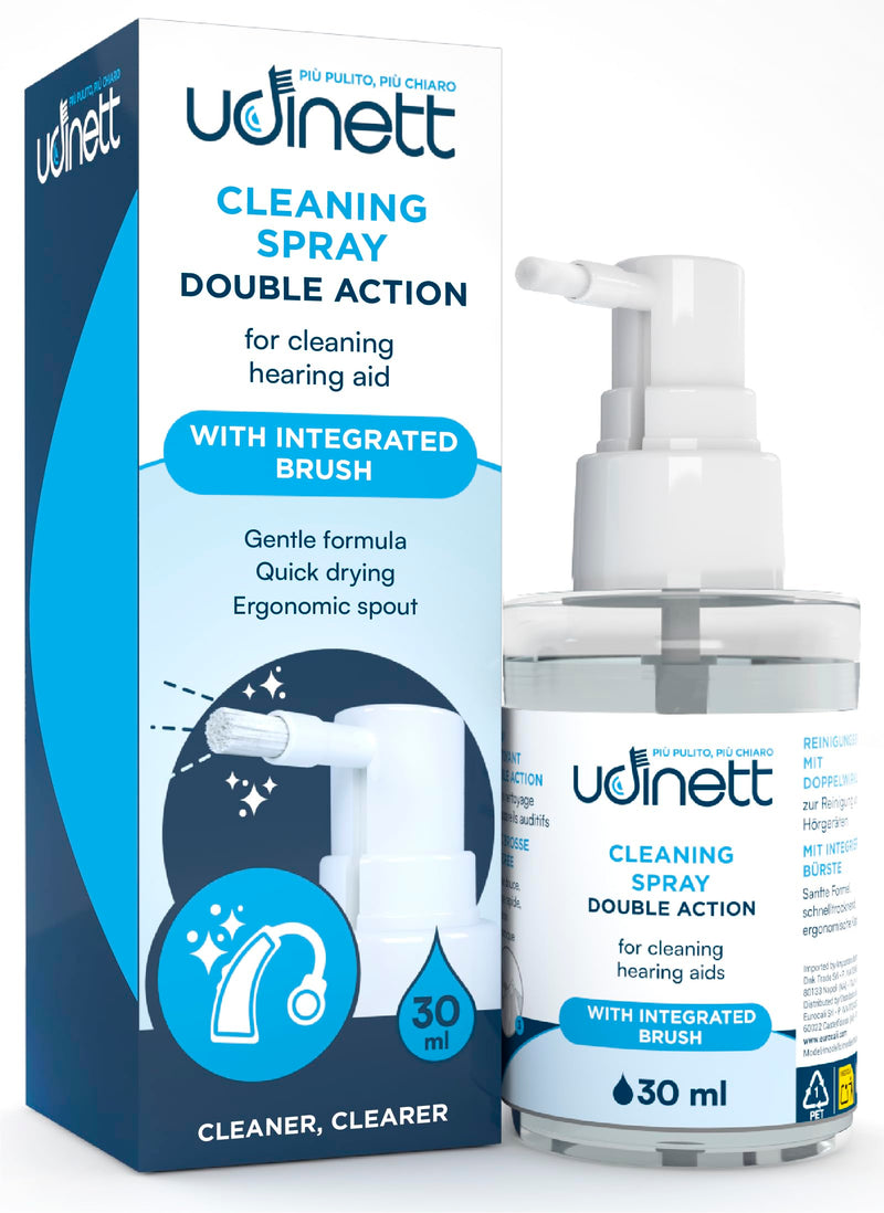Hearing Aid Cleaning Spray with Integrated Brush 30ml Udinett for Cleaning Earmolds Replacement Domes Earplugs Delicate Formula Eliminates Earwax and Dirt with Immediate Effect