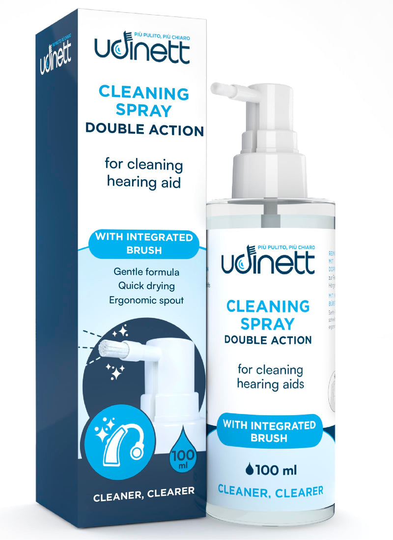 Hearing Aid Cleaning Spray with Integrated Brush 100ml Udinett Sanitizer for Earmolds Replacement Domes Earplugs Bluetooth Headphones Eliminates Bacteria and Earwax Dust Alcohol-Free Quick Drying Udinett 100ml Spray