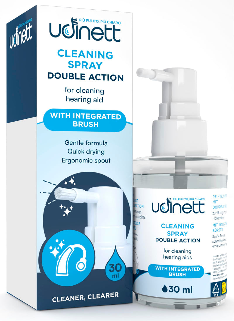 Hearing Aid Cleaning Spray 30ml with Integrated Brush Udinett Sanitizer for Cleaning Earmolds Replacement Domes Earplugs Quick Drying Eliminates Earwax Dust and Bacteria