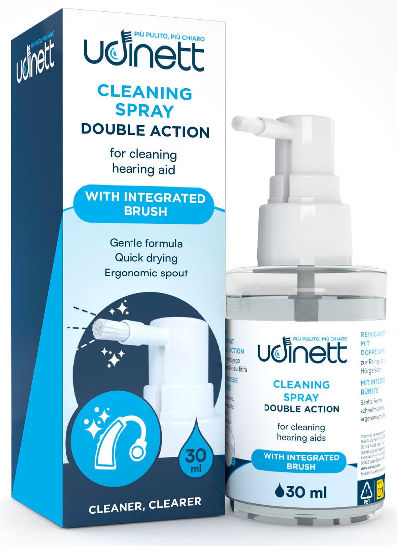 Hearing Aid Cleaning Spray with Included Brush 30ml Udinett Quick Drying Eliminates Bacteria and Earwax Dust Sanitizer for Daily Cleaning Earmolds Replacement Domes Earplugs