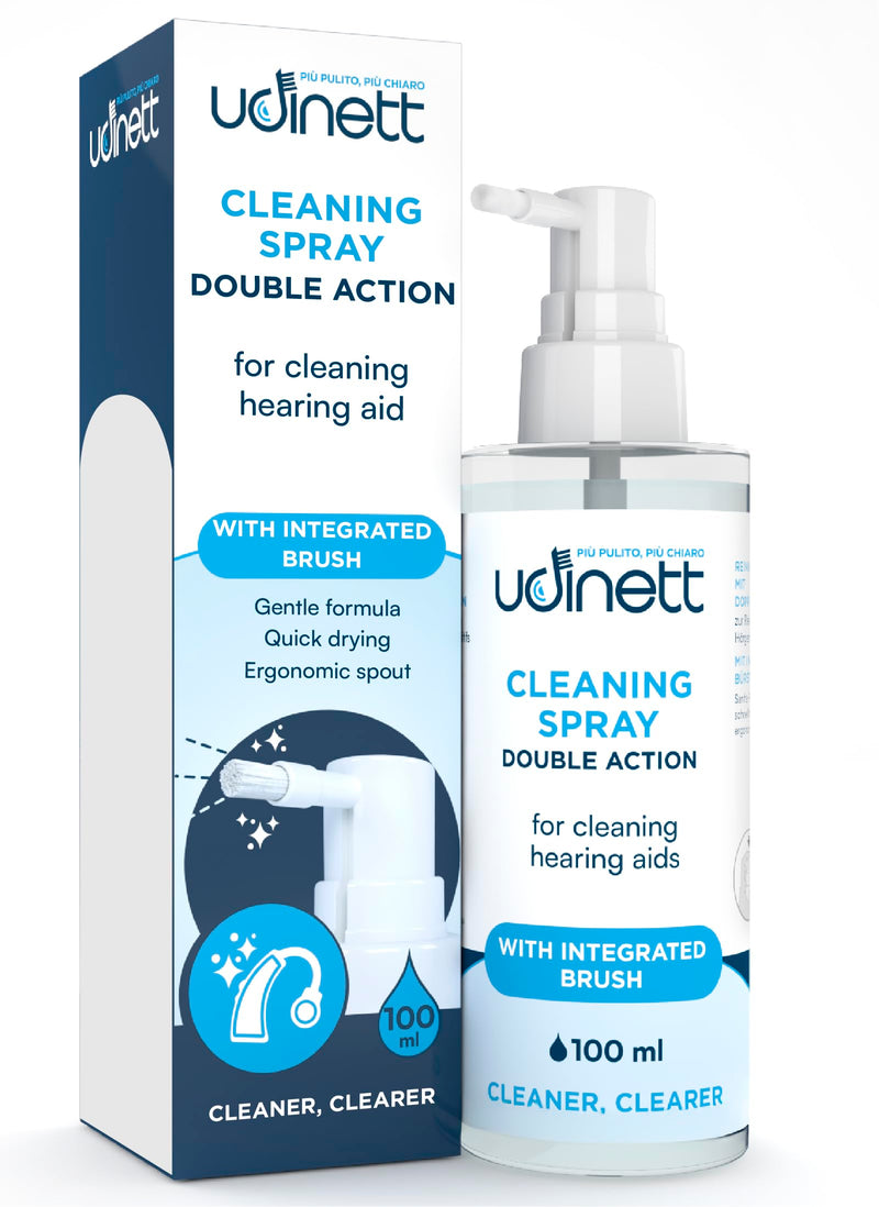 Hearing Aid Cleaning Spray with Integrated Brush 100ml Udinett Sanitizer for Daily Cleaning Earmolds Replacement Domes Earplugs Delicate Formula Quick Drying Eliminates Earwax and Dirt