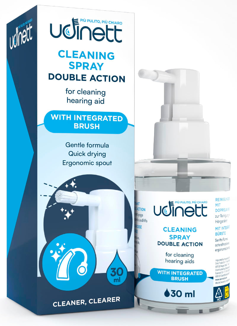 Hearing Aid Cleaning Spray 30ml with Integrated Brush Udinett Sanitizer for Cleaning Earphones Bluetooth Headphones Eliminates Earwax and Dirt with Immediate Effect Alcohol-Free Formula